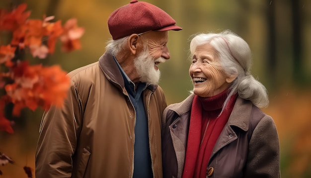 Felice coppia senior rilassante nel parco autunnale