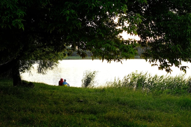 Felice coppia senior seduta in estate vicino al lago durante il tramonto