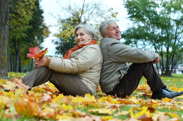 Felice coppia senior seduta nel parco autunnale