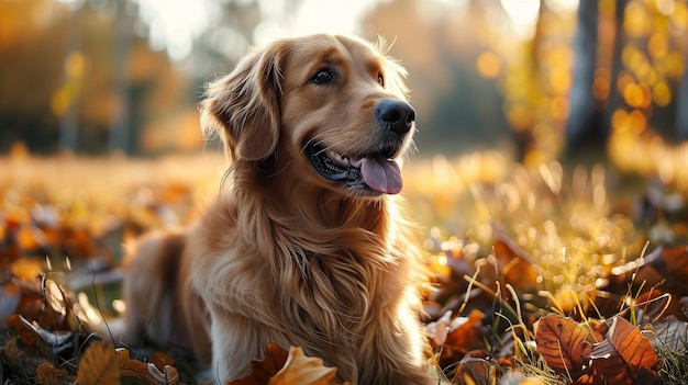 Felice cucciolo di cane golden retriever che posa in un bellissimo paesaggio