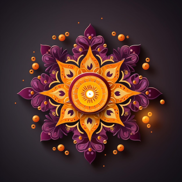 Felice design diwali con fiori dorati e uno sfondo viola