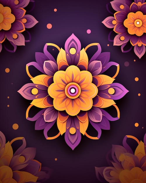 Felice design diwali con fiori dorati e uno sfondo viola