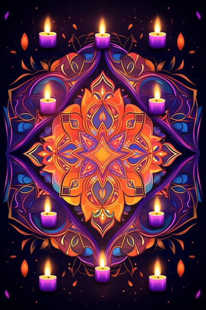 Felice design diwali con fiori e candele accese su sfondo viola