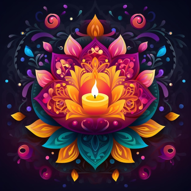 Felice design diwali con fiori e candele accese su sfondo viola