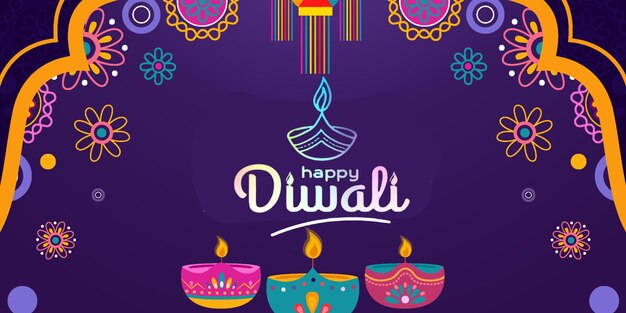 felice diwali su sfondo viola con decorazioni diya e rangoli