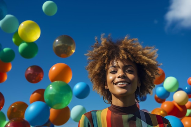 felice donna afroamericana sullo sfondo di palle colorate per i giochi