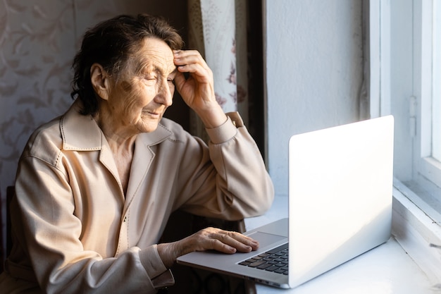 Felice donna anziana seduta con sua nipote guardando il computer portatile che fa una videochiamata. Signora matura che parla con la webcam, fa chat online a casa durante l'autoisolamento. Tempo in famiglia durante il Corona