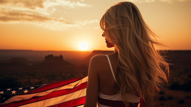 Felice donna che celebra il 4 luglio, il giorno dell'indipendenza, con la bandiera americana negli Stati Uniti.