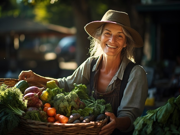 Felice donna contadina che tiene un cesto di verdure appena raccolte e sorride Generativo ai