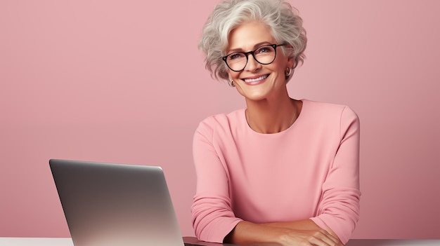 Felice donna d'affari grigia di mezza età sorridente che lavora al portatile in un ufficio open space rosa