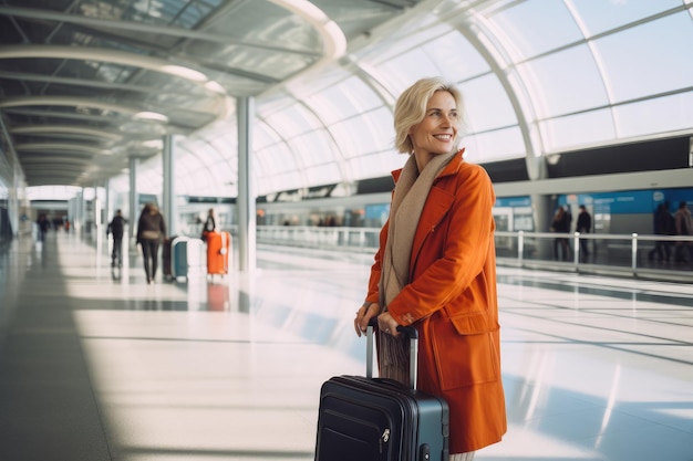 felice donna di mezza età che indossa abiti luminosi che viaggiano in aereo in piedi nella hall dell'aeroporto