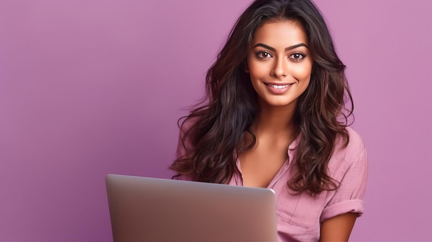 Felice donna indiana con un computer portatile che lavora o studia online su sfondo lilla