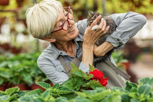 Felice donna matura coccole piccolo gattino mentre lavora in vivaio di piante da fiore