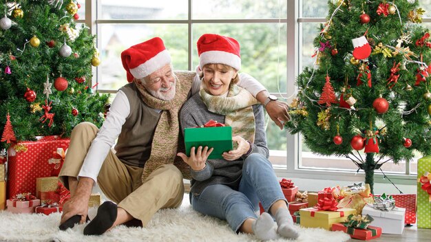 Felice donna matura e uomo anziano che esaminano il presente mentre sono seduti su un tappeto tra alberi di Natale decorati contro la finestra a casa