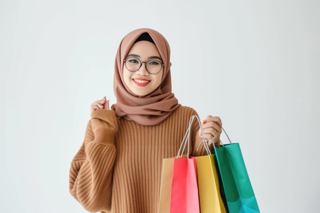 Felice donna musulmana asiatica con borse della spesa Giorno dei diritti del consumatore