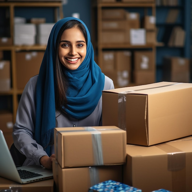 Felice donna musulmana indiana con saree blu che sta confezionando scatole in vendite online concetto di lavoro online