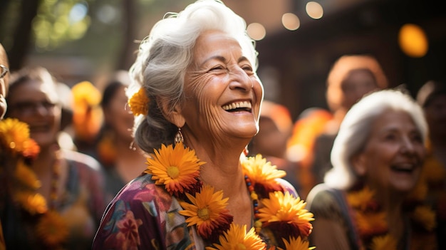 Felice donna senior che balla al festival AI generativa