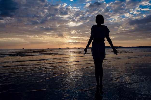 Felice donna spensierata godendo il bellissimo tramonto sulla spiaggia