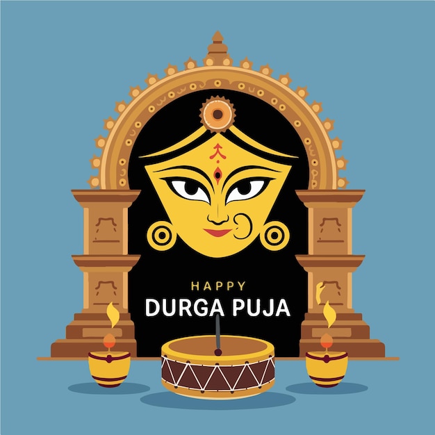 Felice Durga Puja tipografico con il viso di Durga
