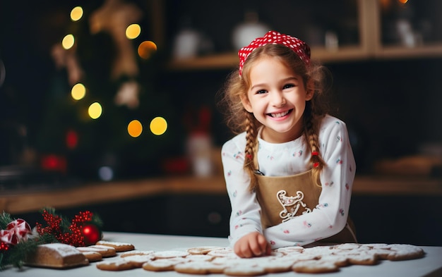 Felice e divertente bambina che cuoce i biscotti di Natale in un'accogliente cucina a casa