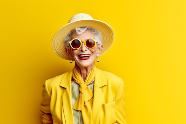 Felice e divertente vecchia signora con abiti alla moda ritratto su sfondo colorato Gra giovanile