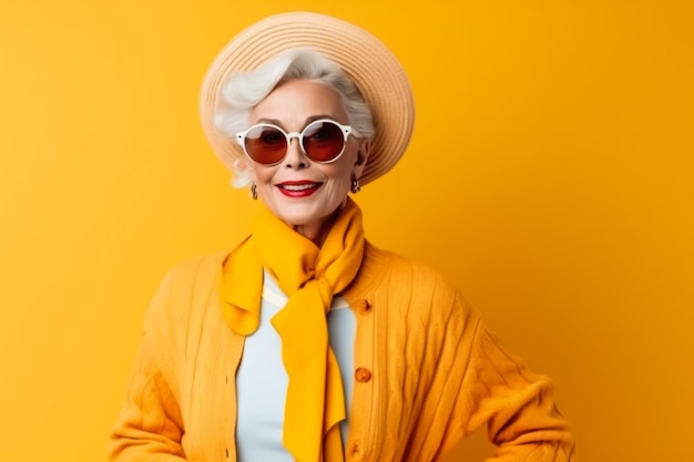 Felice e divertente vecchia signora con abiti alla moda ritratto su sfondo colorato Gra giovanile