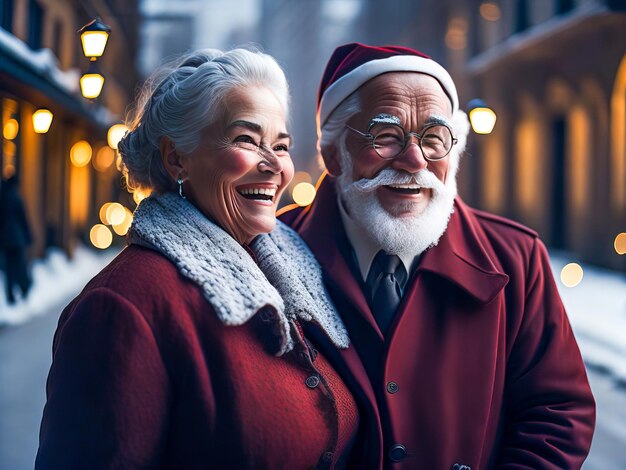 Felice e elegante Babbo Natale con la signora Claus che indossa abiti moderni all'aperto in nevicata Spirito di Natale Generativo Ai