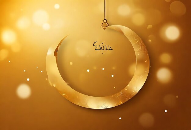 Felice Eid Mubarak calligrafia con luna incisa cava su sfondo bokeh dorato Illustrazione