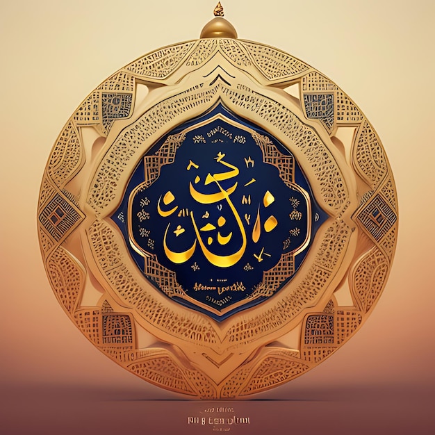 Felice Eid Mubarak calligrafia con luna incisa cava su sfondo bokeh dorato Illustrazione
