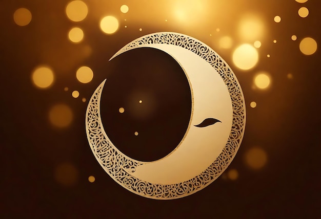 Felice Eid Mubarak calligrafia con luna incisa cava su sfondo bokeh dorato Illustrazione