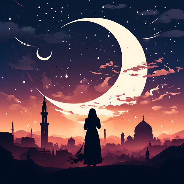 Felice Eid Mubarak calligrafia con luna incisa cava su sfondo bokeh dorato Illustrazione