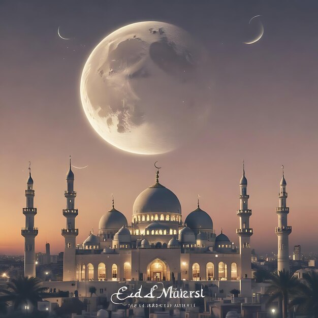 Felice Eid Mubarak calligrafia con luna incisa cava su sfondo bokeh dorato Illustrazione