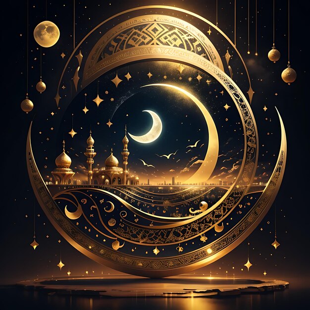 Felice Eid Mubarak calligrafia con luna incisa cava su sfondo bokeh dorato Illustrazione