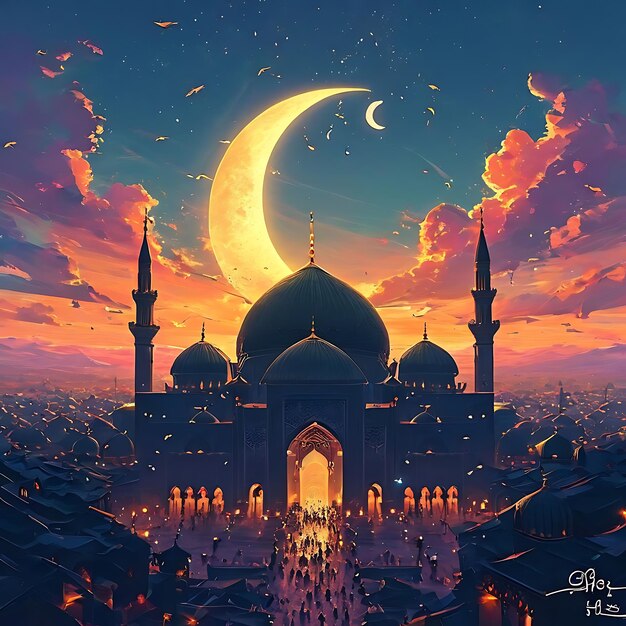 Felice Eid Mubarak calligrafia con luna incisa cava su sfondo bokeh dorato Illustrazione