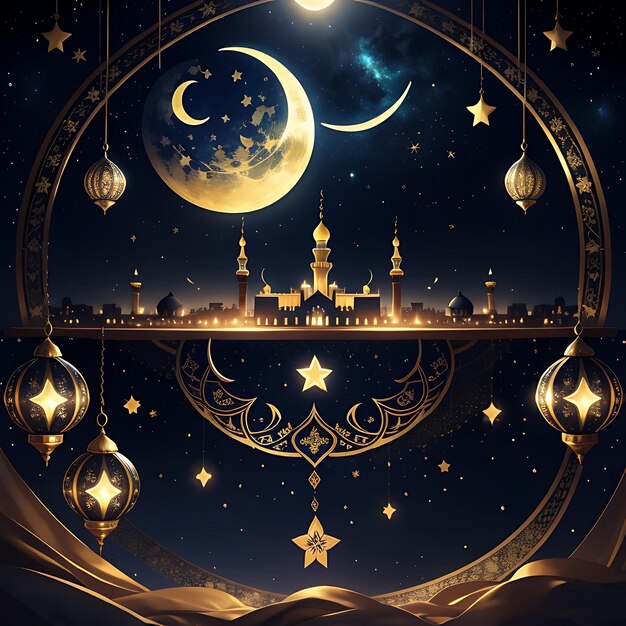 Felice Eid Mubarak calligrafia con luna incisa cava su sfondo bokeh dorato Illustrazione