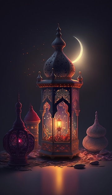 Felice eid mubarak poster con uno sfondo di lanterne luna e nuvole