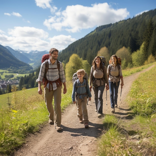 Felice escursione in famiglia in montagna