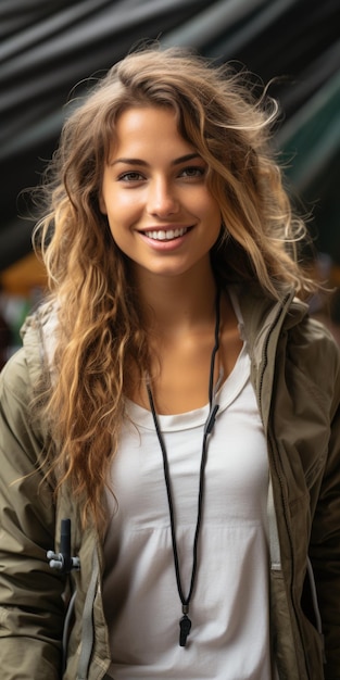 Felice escursionista donna con cappello che fa selfie foto ritratto sfondo tenda montagna concetto viaggio blogger avventura viaggio di vita AI generato