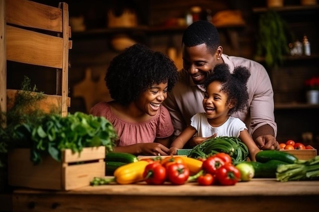 felice famiglia afroamericana che prepara cibo sano insieme in cucina