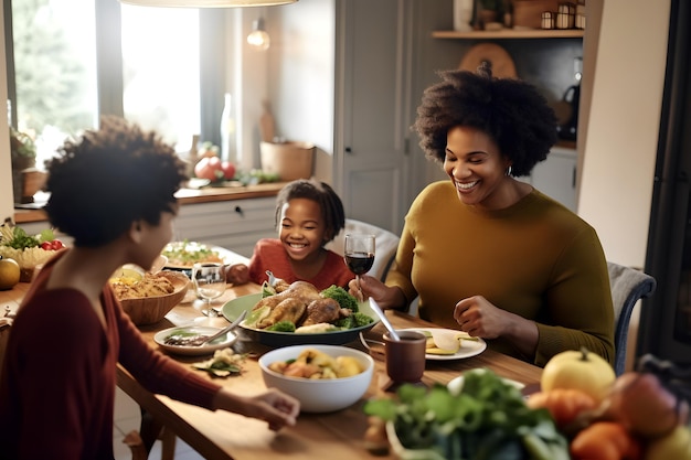 Felice famiglia afroamericana con pranzo del Ringraziamento al tavolo da pranzo