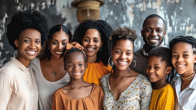 Felice famiglia afroamericana di sette genitori con cinque figli che posano insieme e sorridono alla telecamera
