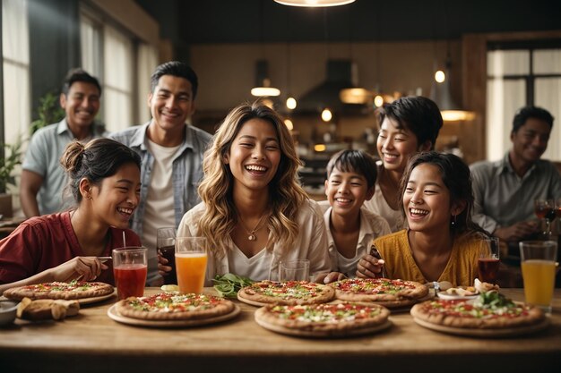 felice famiglia allargata che si diverte mentre parla durante il pranzo nella sala da pranzo l'attenzione è rivolta alla bambina