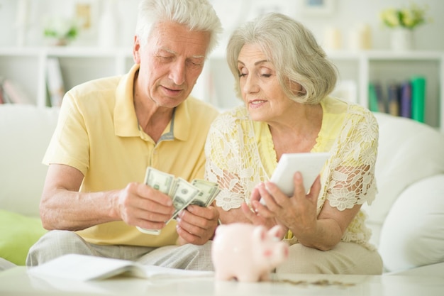 Felice famiglia allegra coppia di anziani seduti utilizzando la calcolatrice contando i soldi