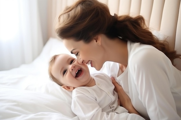 Felice famiglia allegra Madre e bambino che si baciano ridendo e abbracciando IA generativa