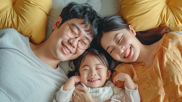 Felice famiglia asiatica, madre, padre e figlia, che fanno un divertente gioco di sonno nel soggiorno di casa