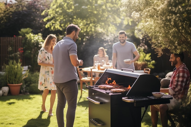 Felice famiglia che cucina, cena al barbecue, si diverte a festeggiare insieme nel cortile sul retro, IA generativa.