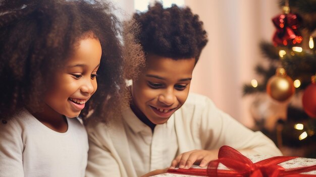 Felice famiglia nera con figli e genitori che aprono i regali di Natale Buon Natale e Buon Nuovo