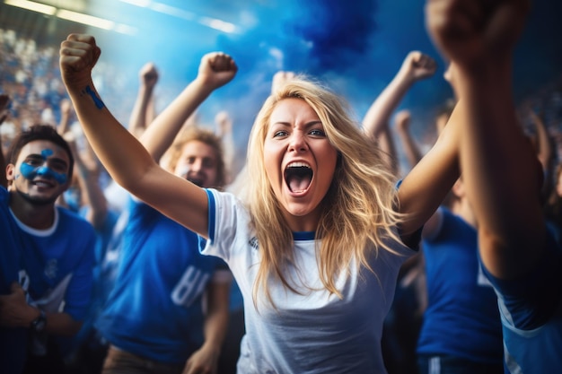 Felice fan di sport femminile con un gruppo di molti amici che applaudono e sono entusiasti di guardare la squadra di calcio