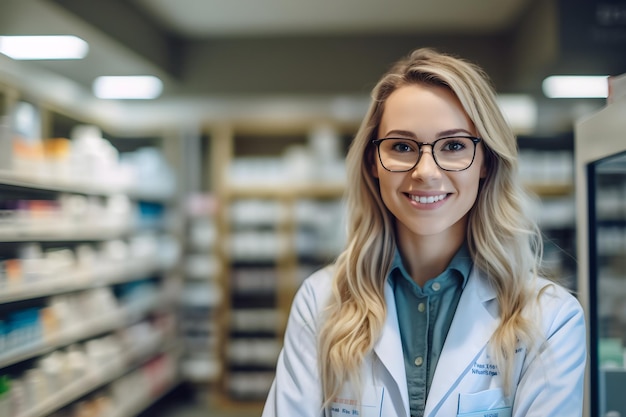 Felice farmacista giovane donna bionda con gli occhiali