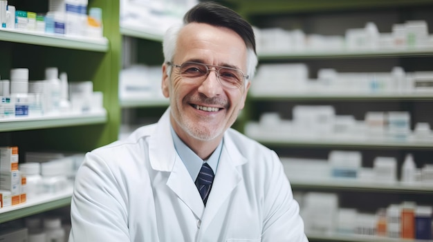 Felice farmacista matura in una farmacia